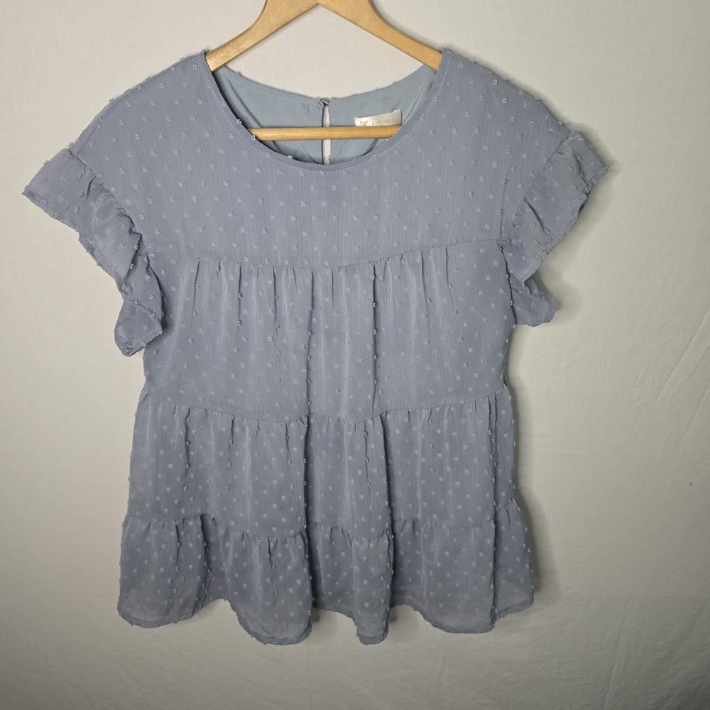 Kirundo Women's Medium Blue Cottage Style Ruffle Sleeve Blouse